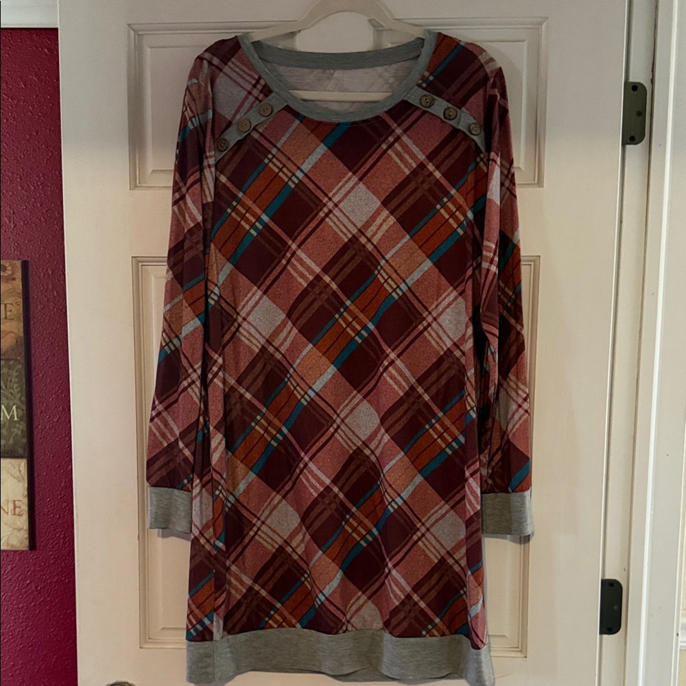 Plaid Long Sleeve Dress with Button Accents